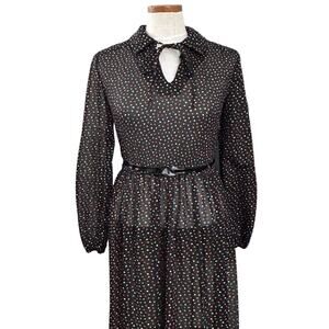 Vtg Matthew Love Polka Dot Sheer Bell Sleeve Tie Neck Dress Union Made USA 5/6